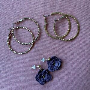 Gold Jewelry Bundle of Three Earrings - Two Hoops and Flower Dangle Posts